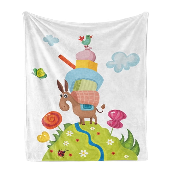 Donkey Soft Flannel Fleece Throw Blanket, Donkey Loaded with Baggages Standing on a Green Hill Spring Season Nature, Cozy Plush for Indoor and Outdoor Use, 50" x 70", Multicolor, by Ambesonne