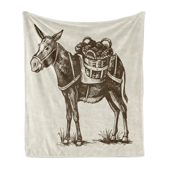 Donkey Soft Flannel Fleece Throw Blanket, Vintage Engraving Style Donkey Carrying 2 Baskets of Harvest Grapes, Cozy Plush for Indoor and Outdoor Use, 70" x 90", Dark Cocoa and Pearl, by Ambesonne