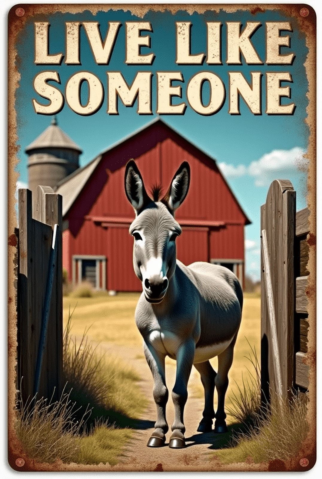 A Donkey Standing In Front Of A Barn With A Sign That Says Live Like ...