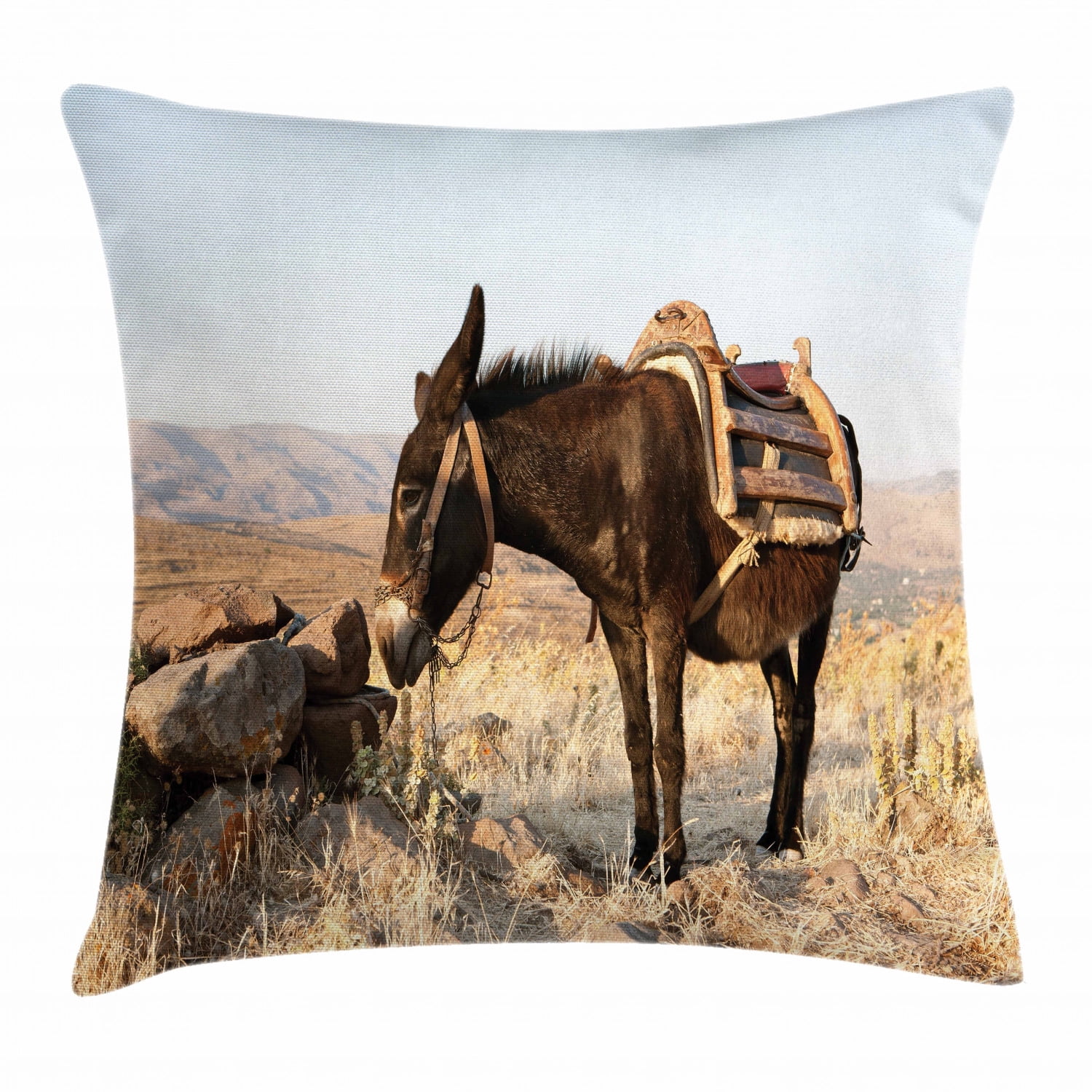 Donkey Throw Pillow Cushion Cover, Greek Donkey up in the Mountains of