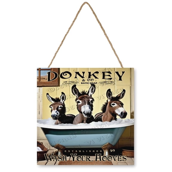 Donkey Wash Your Hooves Wood Hanging Funny Bathroom Decoration Bathroom Wall Decor Shower Room Vintage Wood Signs for Home Decor Door Plaques for Bathroom 12x12 inches
