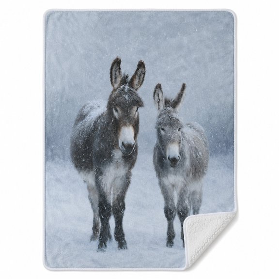 Donkey Winter Scene Sherpa Blanket, Polyester Fleece Throw, Cozy Sofa Blanket
