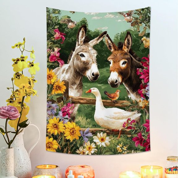Donkey and Goose Green Tapestry, Floral Farmhouse Decorative Wall Hanging, Rustic Tapestries Aesthetic for Living Room, Bedroom, Dorm 30x40 Inch