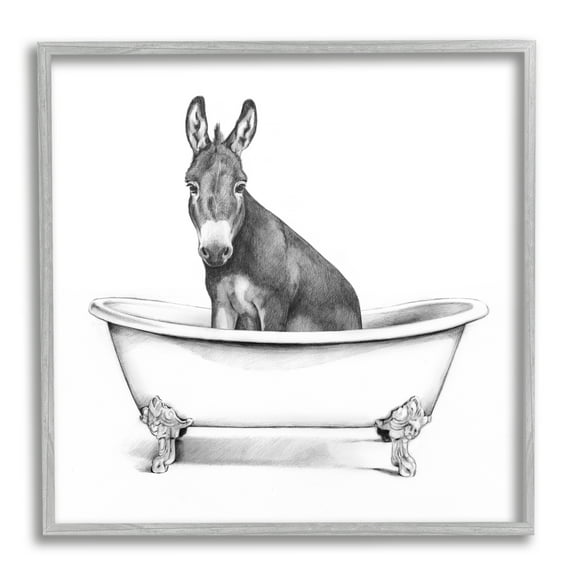 Donkey in Claw Tub Farm Animal Bathroom Sketch Animals & Insects Framed Art Print Wall Art, 17x17