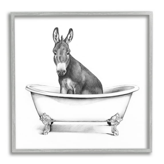Donkey in Claw Tub Farm Animal Bathroom Sketch Animals & Insects Framed Art Print Wall Art, 17x17