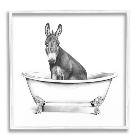 Donkey in Claw Tub Farm Animal Bathroom Sketch Animals & Insects Framed Art Print Wall Art, 17x17