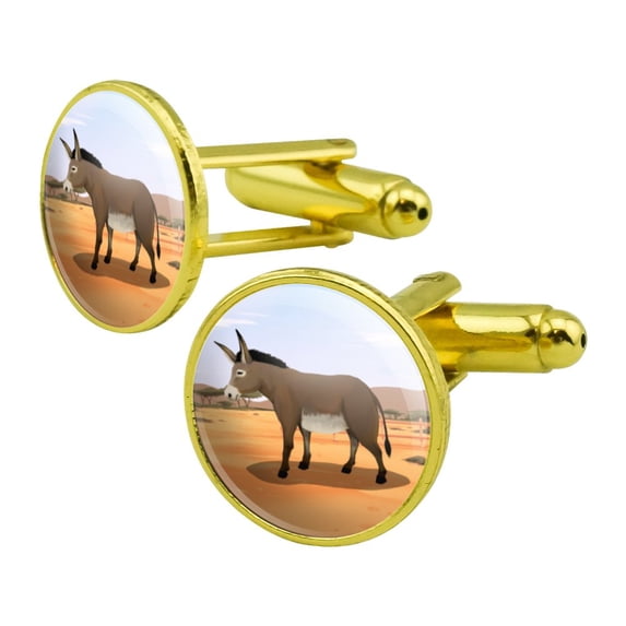 Donkey on Ranch Round Cufflink Set Gold Color