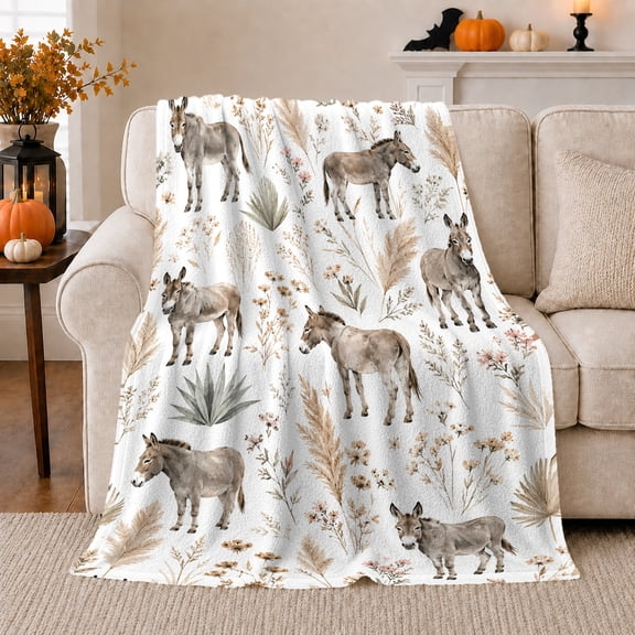 Donkeys with Desert Plants and Wheat, Rustic Farmhouse Style for Donkey Lovers, Country Animal Pattern and Birthday Gift, Cozy Flannel Blanket for Ranch House and Bedroom, Home Decor