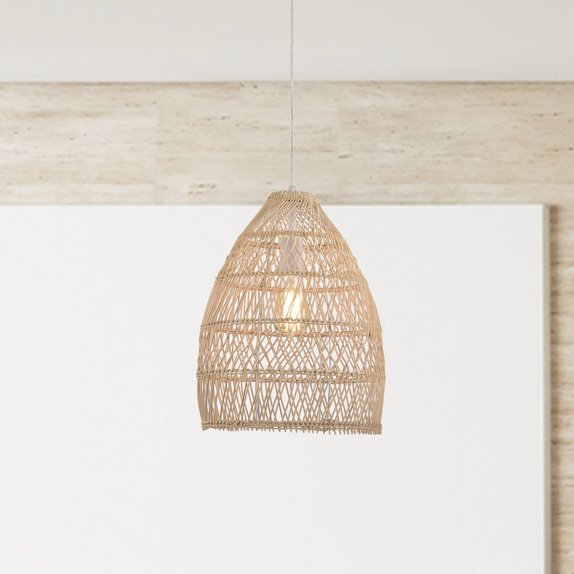 Handwoven Natural Rattan Basket Pendant Light with Glass Shade