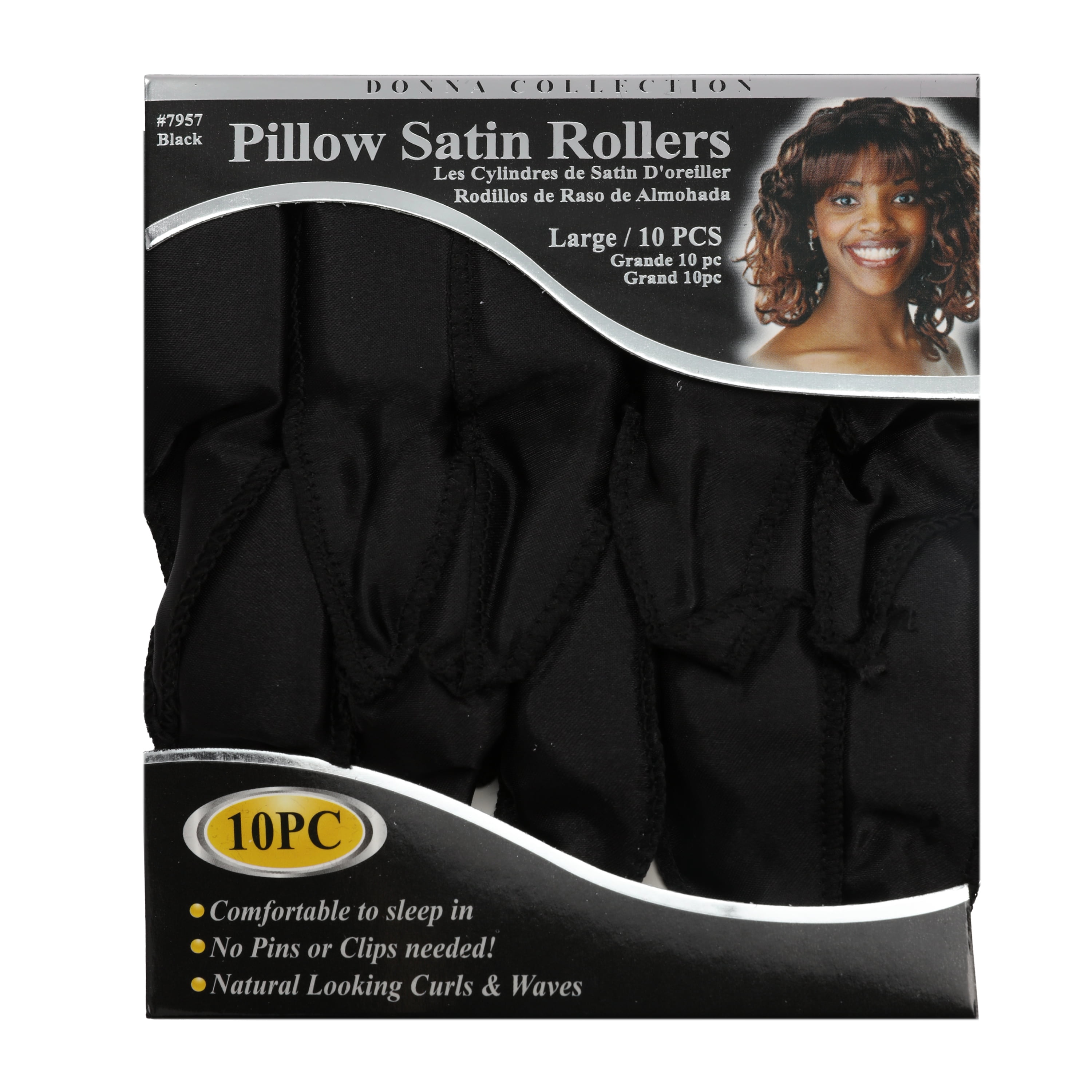 Donna Collection Pillow Satin Hair Rollers Item 7957 Black 10/PK, Pack of 3