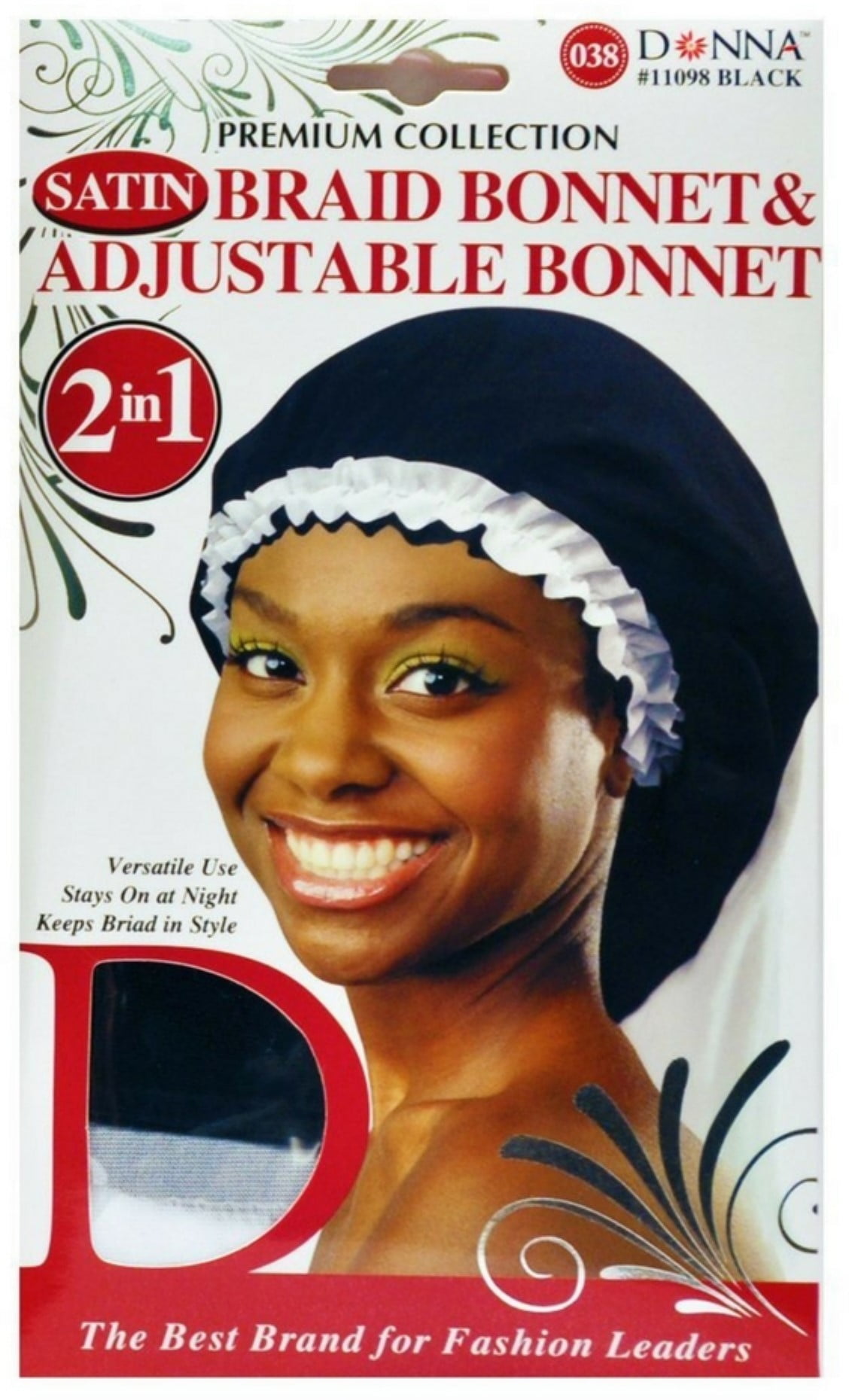 Donna Collection Premium 2 in 1 Satin Braid Bonnet & Adjustable Bonnet,  Black 1 Each