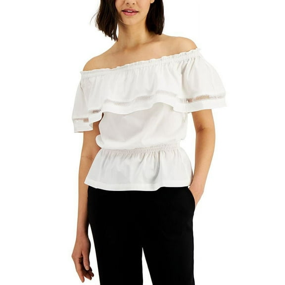 Donna Karan Convertible Neckline Ruffled Top White L