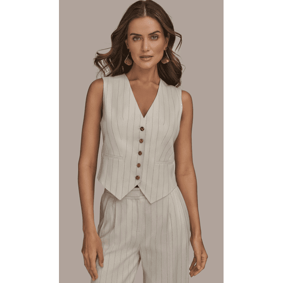 Donna Karan New York CREAM/BLACK Women's Linen-Blend Pinstripe Vest, US 4P