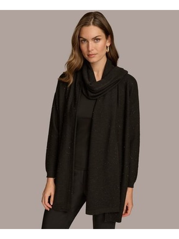 New York Micro-Sequin Scarf Neck Cardigan Womens XS Black Open Front