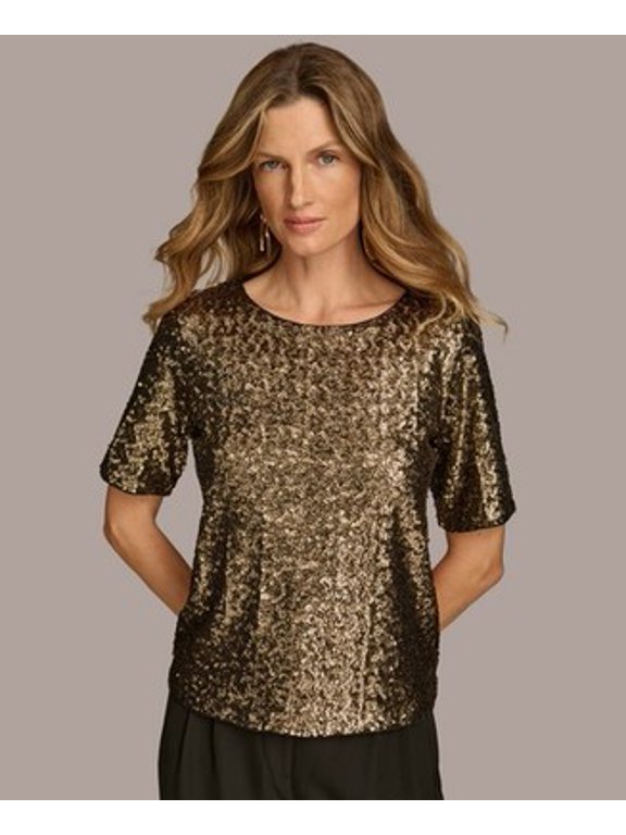 New York Sequin Top Women's S Black/Gold Keyhole/Button Closure S/S