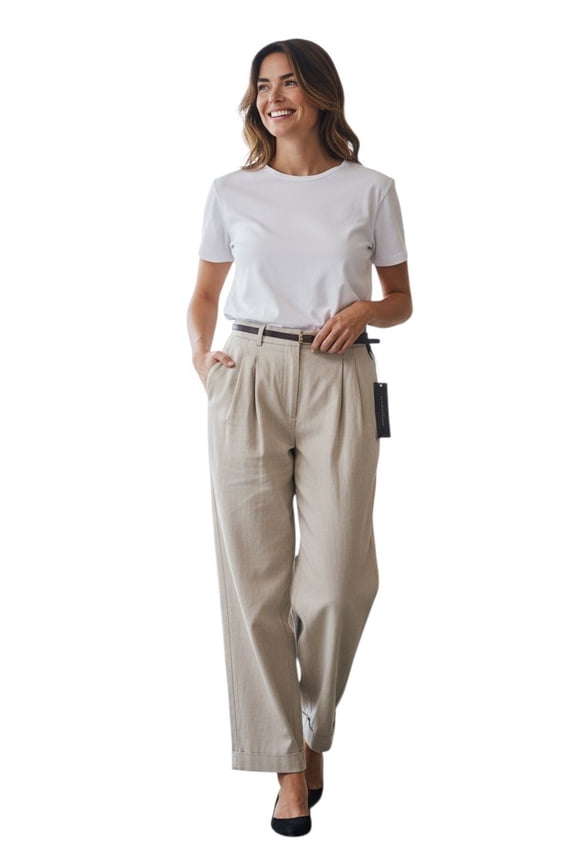 New York Women's Beige Wide-Leg Linen-Blend Cuffed Pants Size