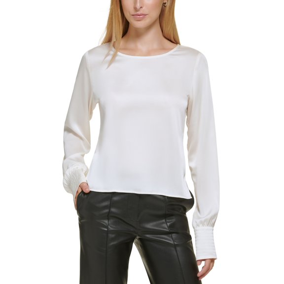 Donna Karan Womens Trapunto Crewneck Extended-Cuff Top Ivory XL