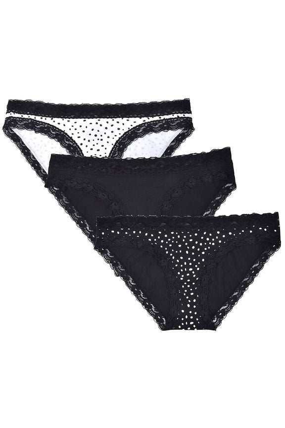 Donna Loren Women's Floral Lace Trim Bikini Panties, 3-Piece Set, Dot/Black/Dot, XL