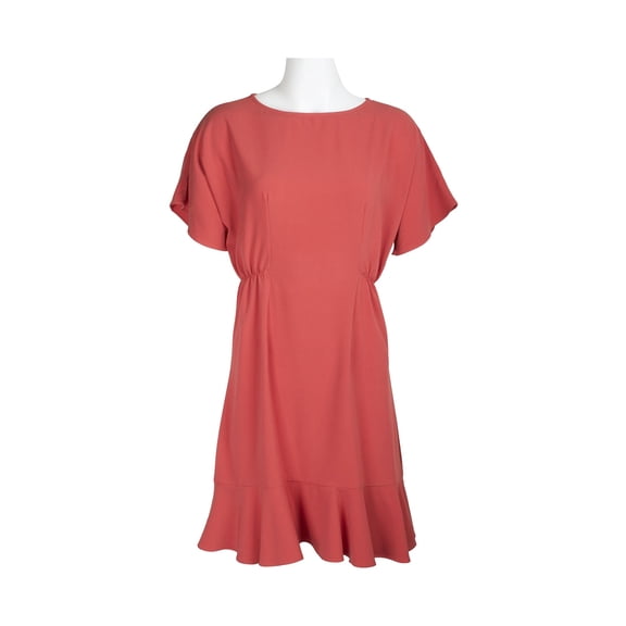 Donna Morgan Crew Neck Short Sleeve Fit & Flare Zipper Back Solid Jersey Dress-TEA ROSE / 4