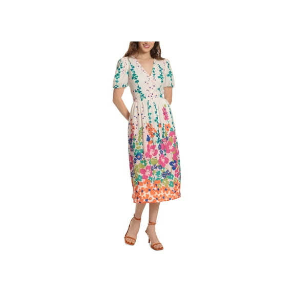 Donna Morgan Puff Sleeve Midi Dress Ivory Hot Pink 2