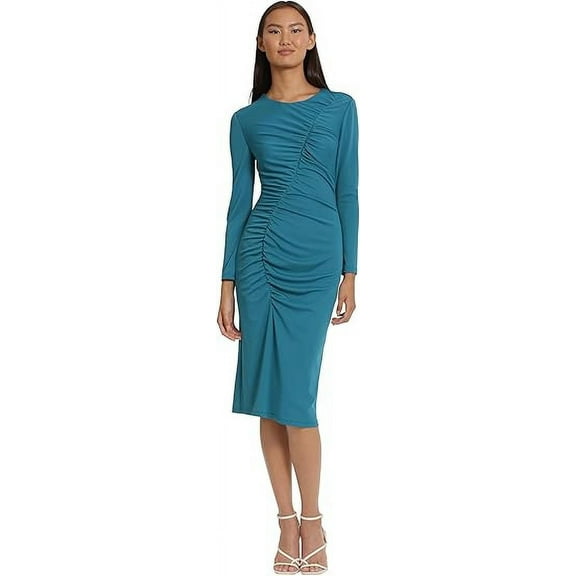 Donna Morgan Women's Sleek and Sophisticated Side Ruched Midi Dress, Blue, Size 14W