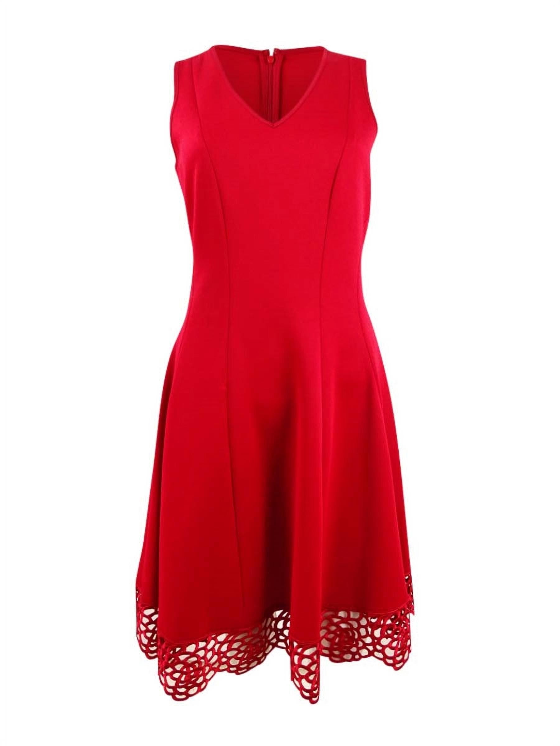 slim fit dress slacks Donna Ricco Crew Neck Short Sleeve Crochet Trim Flare Dress main image 0