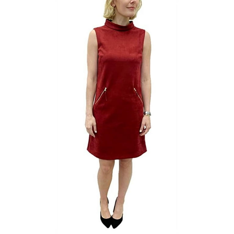 Donna Ricco Women s Mock Neck Faux Suede Sheath Dress with Front Pockets Wine 14
