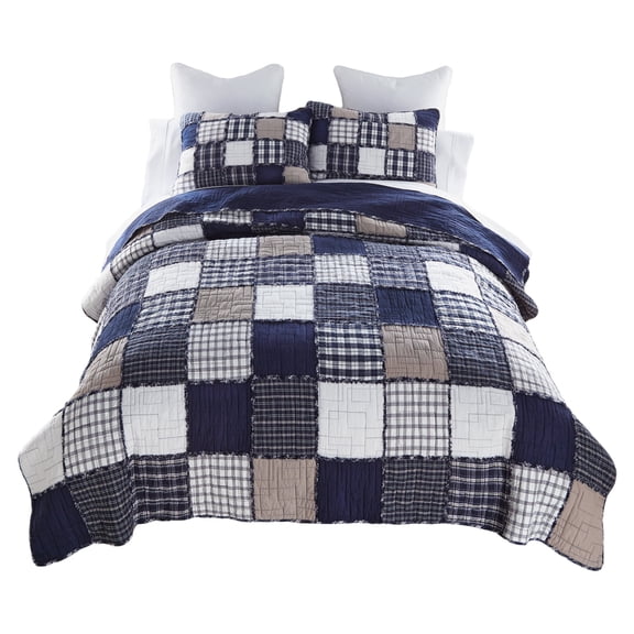 Donna Sharp Checkerboard Indigo Pieced Cotton King Quilt 3PC Set