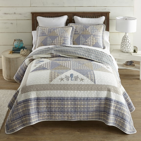 Donna Sharp Coastal Star 2PC Embroidered Pieced Cotton Twin Quilt Set