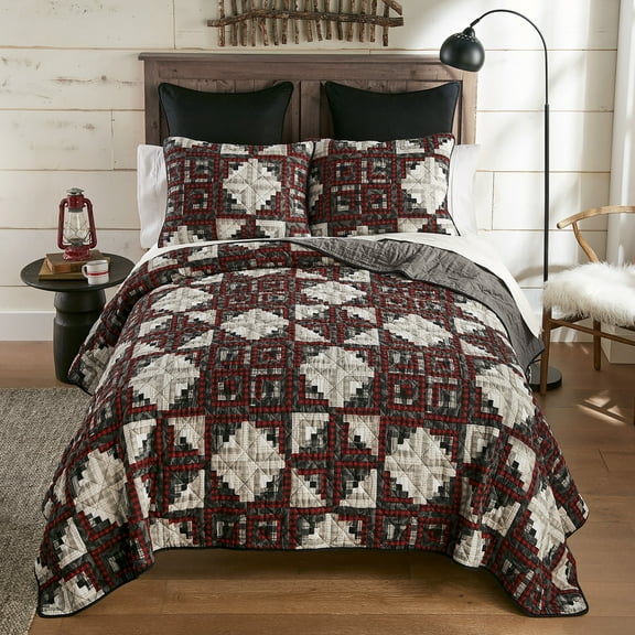 Donna Sharp Log Cabin Star Whole Cloth Cotton 3PC Queen Quilt Set