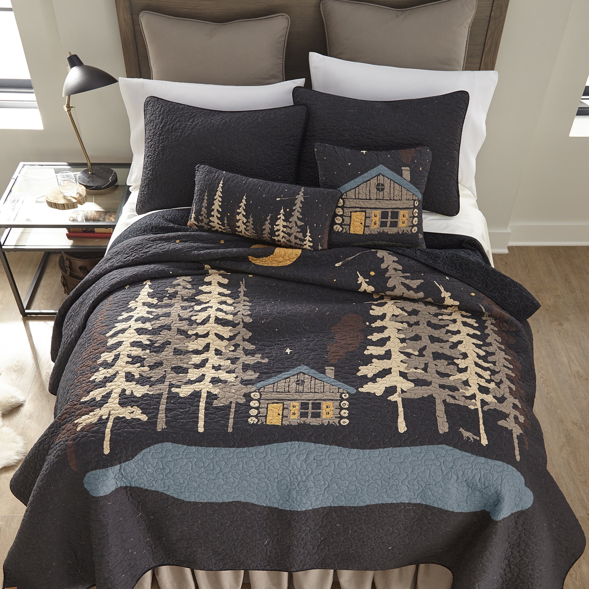 Gray Cotton Twin Reversible Cabin Quilt Set
