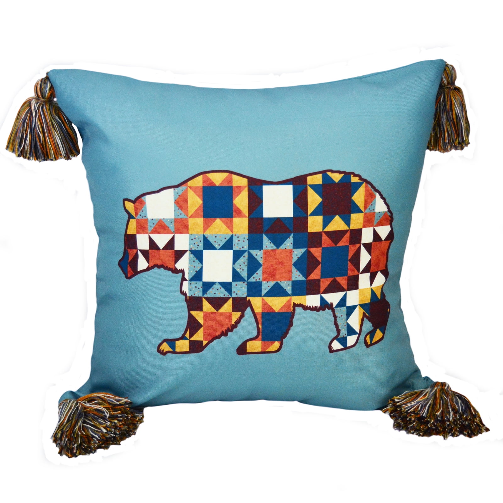 Northern Lights Bear Patchwork Decorative Pillow with Tassels