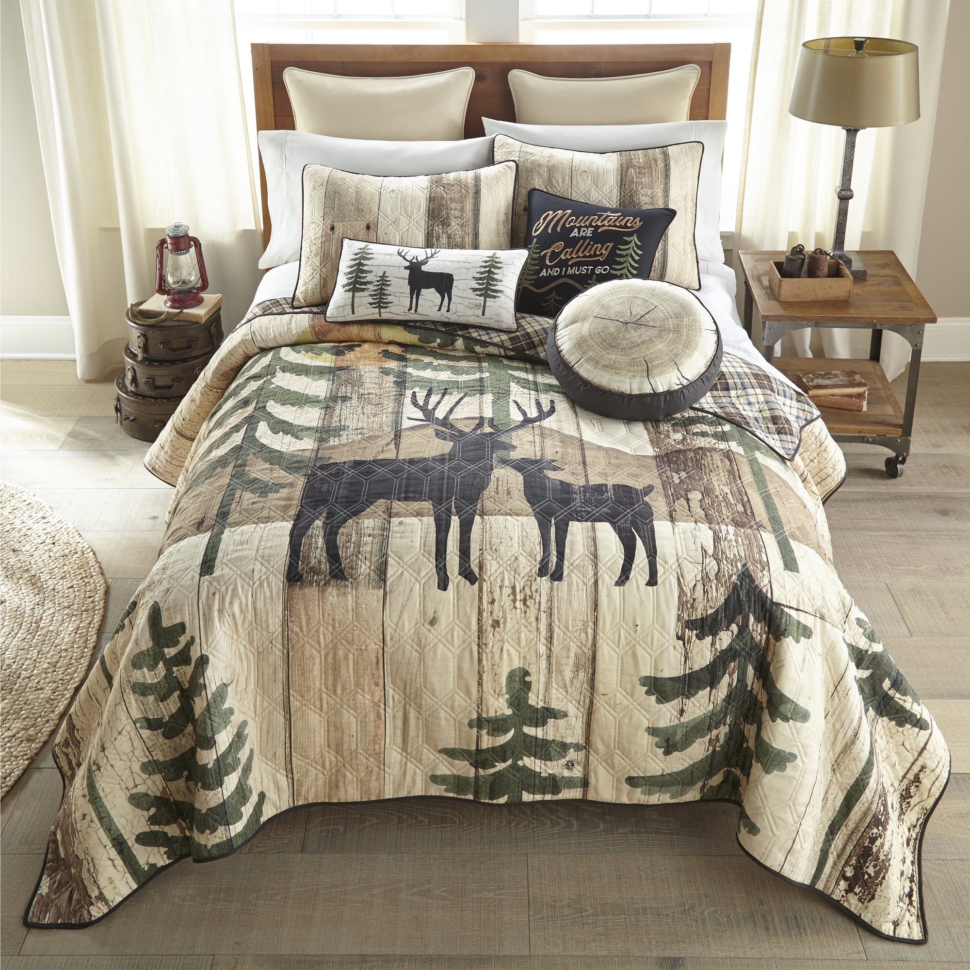 Full/Queen Brown Reversible Lodge Quilt Set with Deer Design