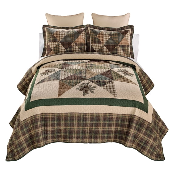 Donna Sharp Pine Star 3PC Pieced Cotton & Embroidered King Quilt Set