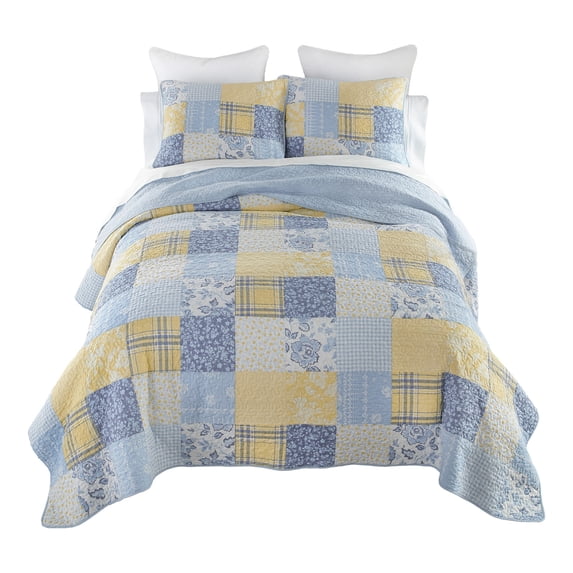 Donna Sharp Spring Flowers King Pieced Cotton 3PC Quilt Set, Blue, 110 x 96 in