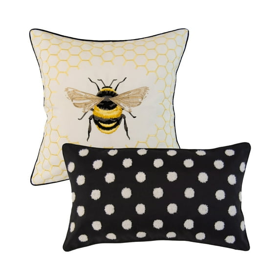 Donna Sharp Wild Ones Patch Embroidered Cotton Bee 2PC Throw Pillow Set