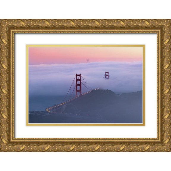 Donnahom 24x17 Gold Ornate Wood Framed with Double Matting Museum Art Print Titled - Sunset At Golden Gate Bridge