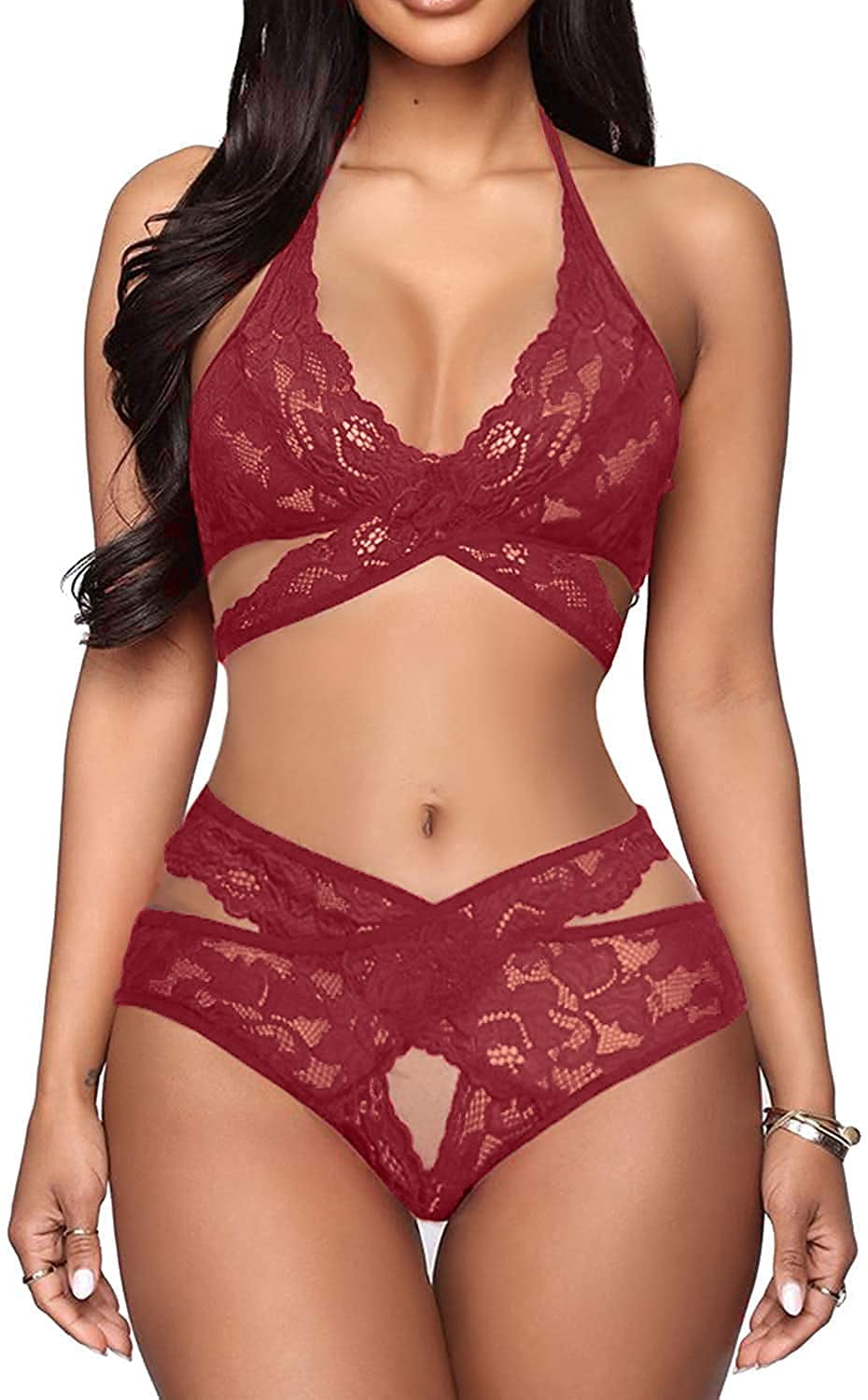  Donnalla Women Sexy Lingerie Set Lace Bra and Panty Set Two  Piece Ladies Lingerie Floral Strappy Underwear Wine Red,XX-Large: Clothing,  Shoes & Jewelry