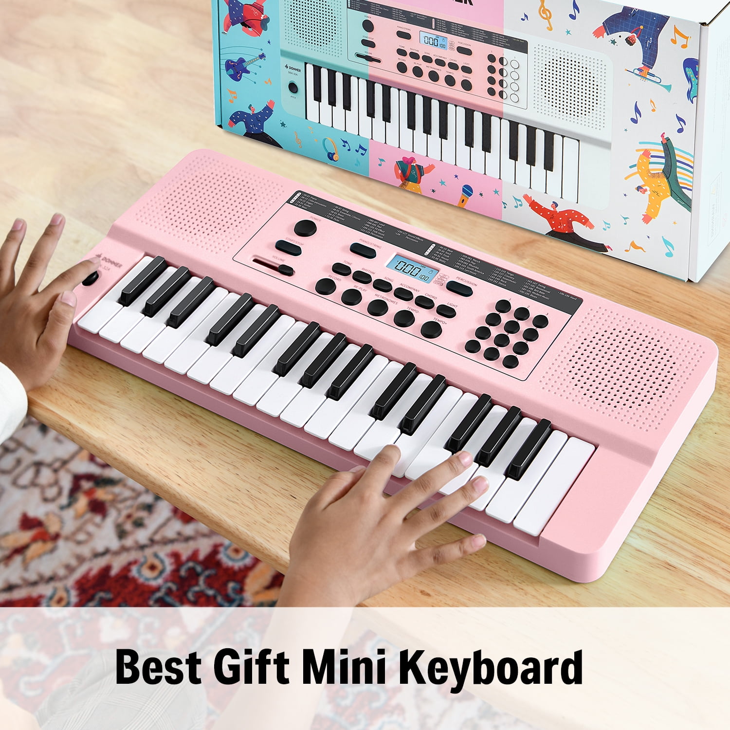 Donner 32 Key Electronic Keyboard Piano, Fun Gift for Birthday& Christmas  for Beginners, Kids Instrument with LED Light Keyboard Teaching Mode, Pink