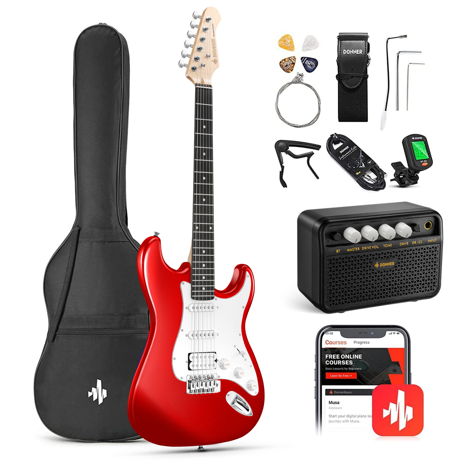 Donner 39" Electric Guitar Beginner Kit Solid Body Full Size Red HSS Pick Up for Starter, with Amplifier, Bag, Digital Tuner, Capo, Strap, String,Cable, Picks DST-102R - image 1 of 13