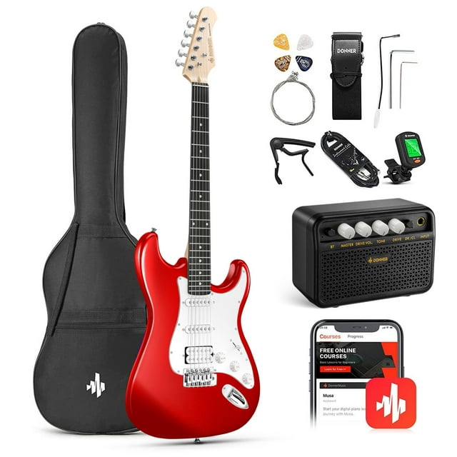 Donner 39" Electric Guitar Beginner Kit Solid Body Full Size Red HSS Pick Up for Starter, with Amplifier, Bag, Digital Tuner, Capo, Strap, String,Cable, Picks DST-102R