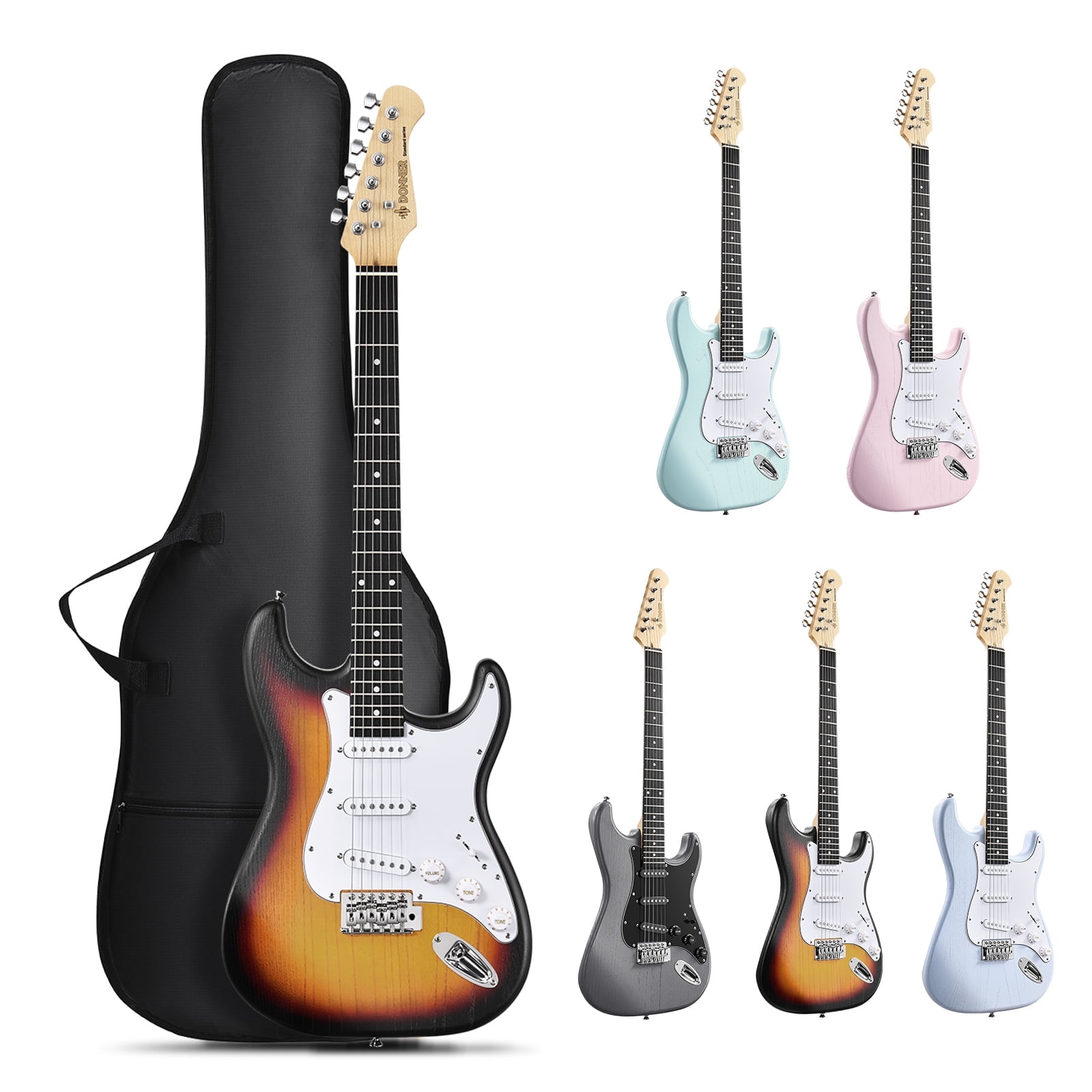 Donner 39in Electric Guitar Starter Kit w/Case, Amp, Tuner, Bag, Strap, Sunburst