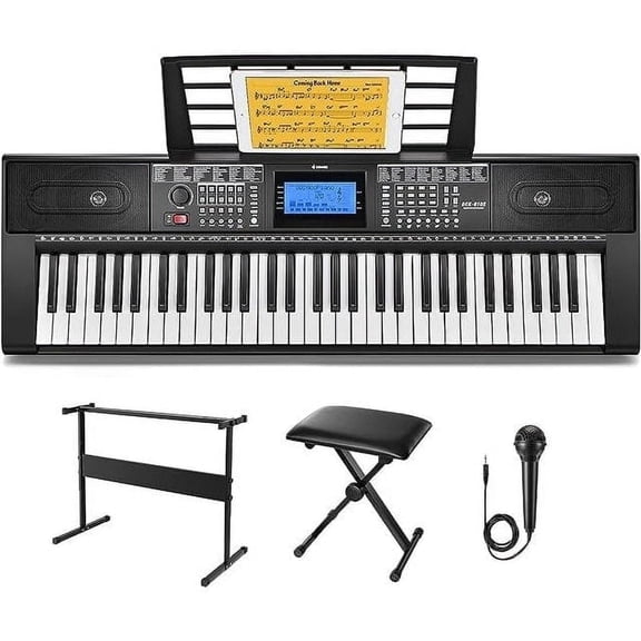 Donner 61 Key Electric Piano Keyboard Kit for Beginners, with Stand, Stool & Microphone, 249 Voices, Black (DEK-610S)
