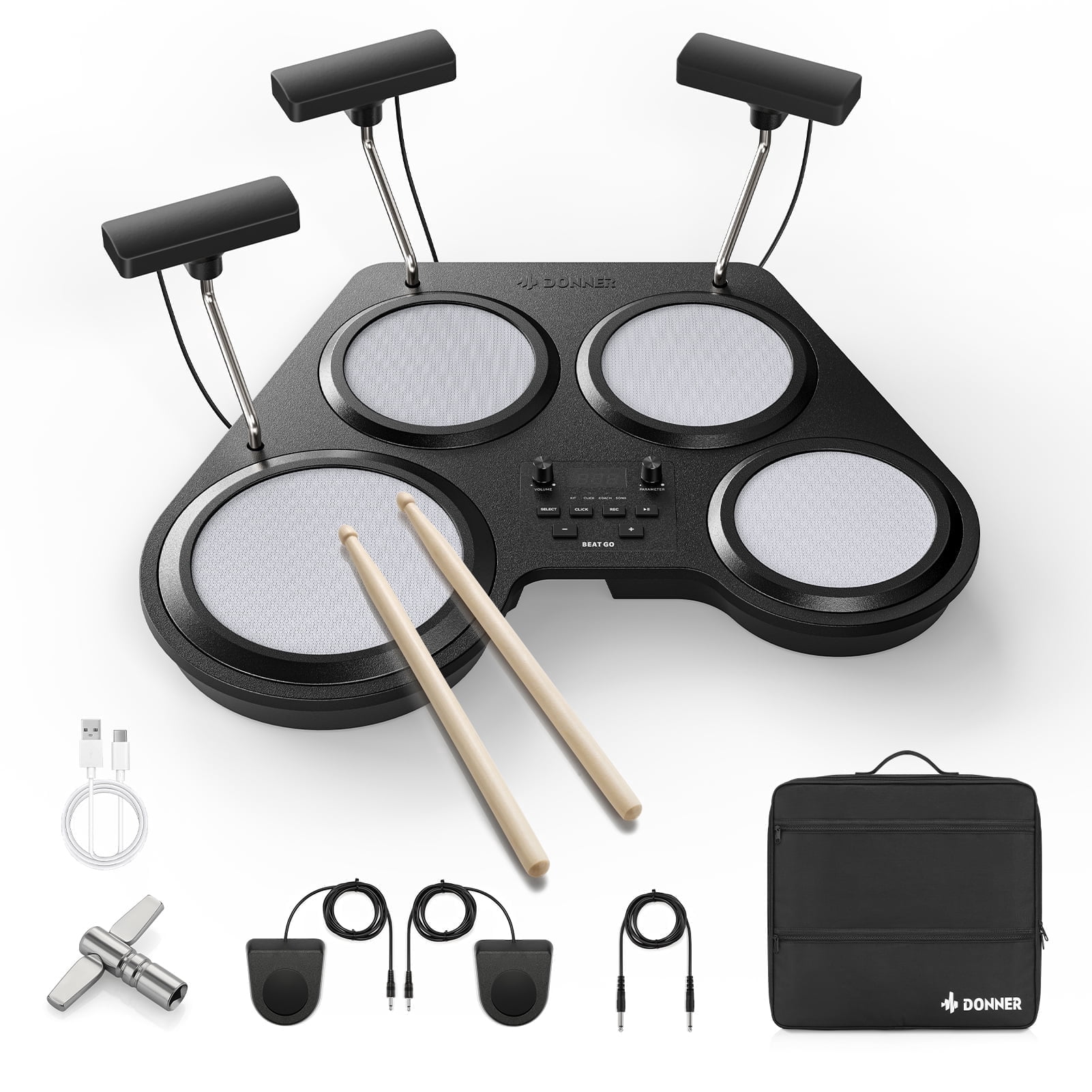 Donner Electronic Drum Set, Electric Table Drum Set for Beginner, Digital Drum Kit for Practice, 180 Sounds, with Sticks, 2 Switch Pedal, Bag