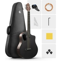 Donner Carbon X Wood Acoustic Guitar Beginner & Intermediate Learner Kits - Carbon Fiber Top, Wooden Bowl, 38" Durable Solid Guitar with Case, Strap, Steel-String, RISING-G1 (Gloss, Black)