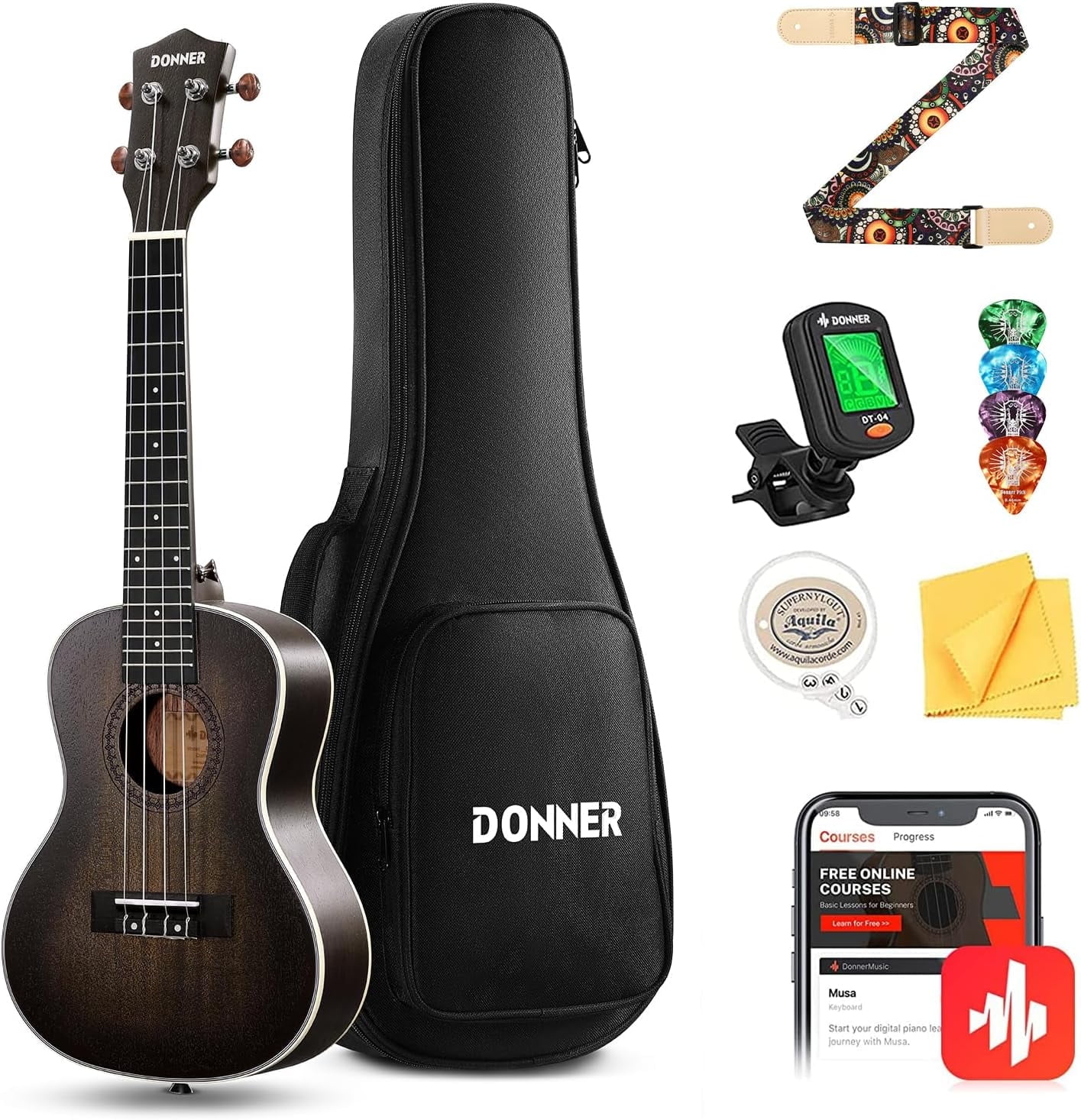 Donner Concert Ukulele Professional 23 Inch Mahogany Ukulele for Adult Beginner Kid Ukele Bundle with Online Lesson Gig Bag Aquila String Pick Tuner Strap Cloth