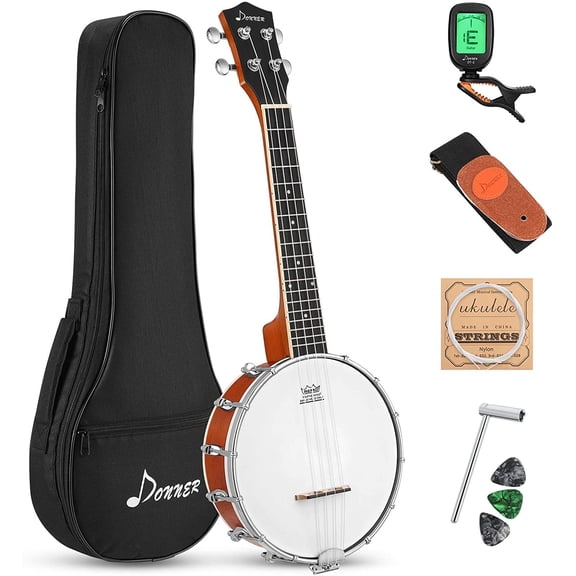 Donner Banjolele, 4 String Banjo Ukulele Concert 23 Inch Remo Sapele Drumhead with Strap, Picks, Strings, Gig Bag, Tunner, Truss Rod for Kid Adult Beginner