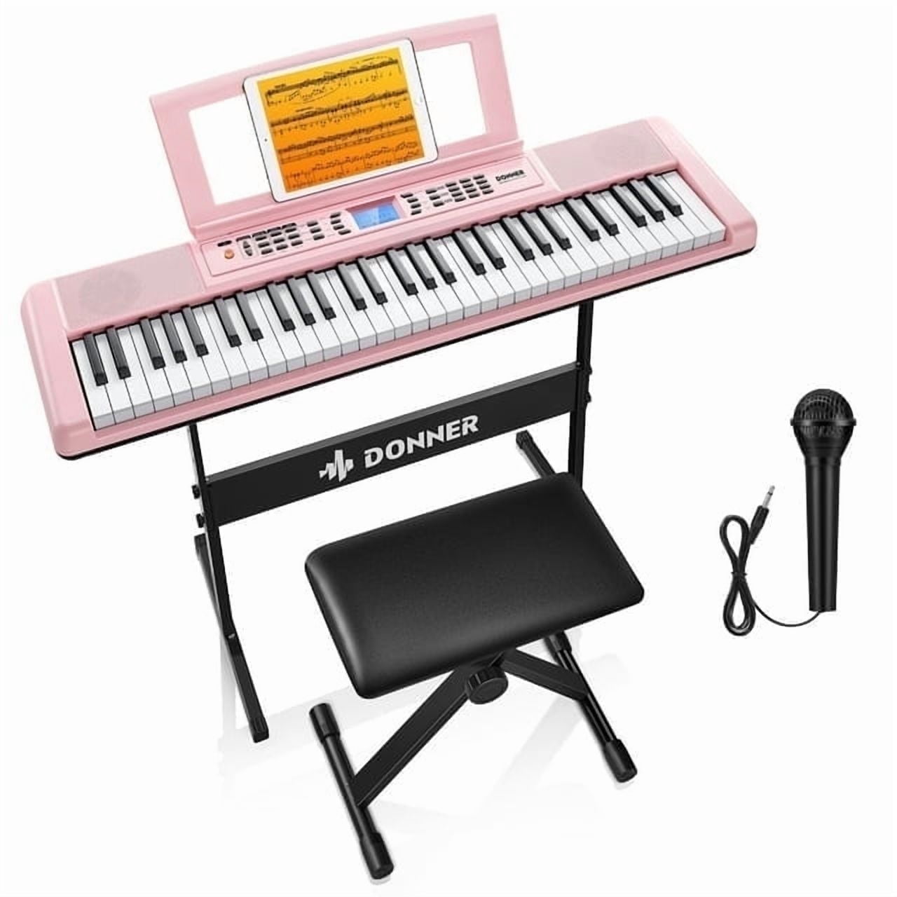 Donner DEK-200 61 Key Piano Full-Size Electronic Keyboard Set, Dual Keyboard, Auto Accompaniment, Metronome, Record, Includes 300 Tones and Rhythms, with Stand, Bench, Microphone, Pink