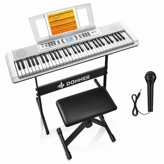 Donner DEK-200 61 Key Electronic Piano Keyboard Set, Auto Accompaniment, Record, Includes 300 Tones, with Stand, Bench, Microphone, White