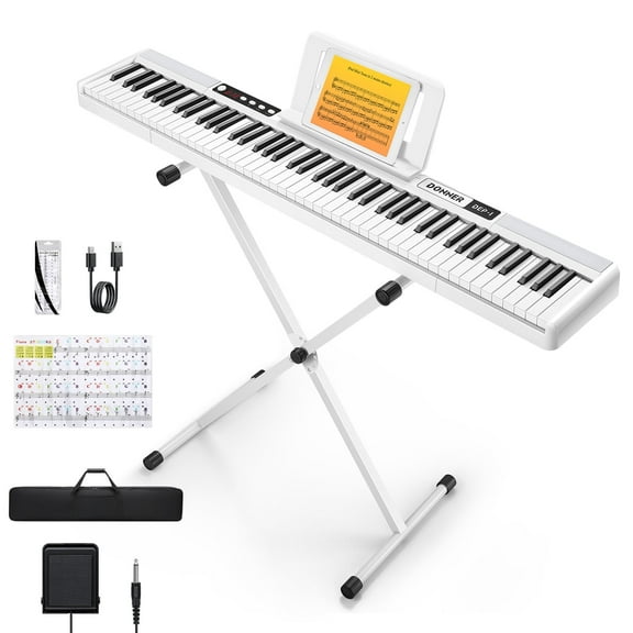 Donner DEP-1 Piano Keyboard 88 Keys, Beginner Digital Keyboard Piano Velocity-Sensitive Keys, Portable Electric Piano with Stand, Sustain Pedal, Carrying Case and Keyboard Stickers, White